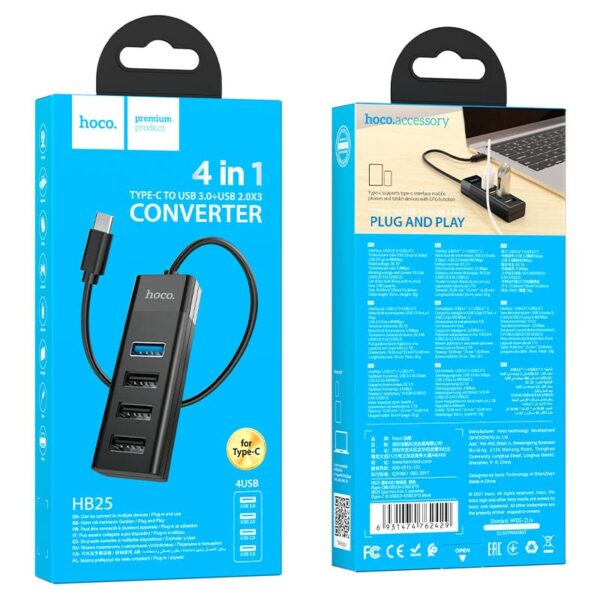 Adaptateur / HUB type C 4en1 HB25 HOCO Type-C vers USB3.0+USB2.0*3