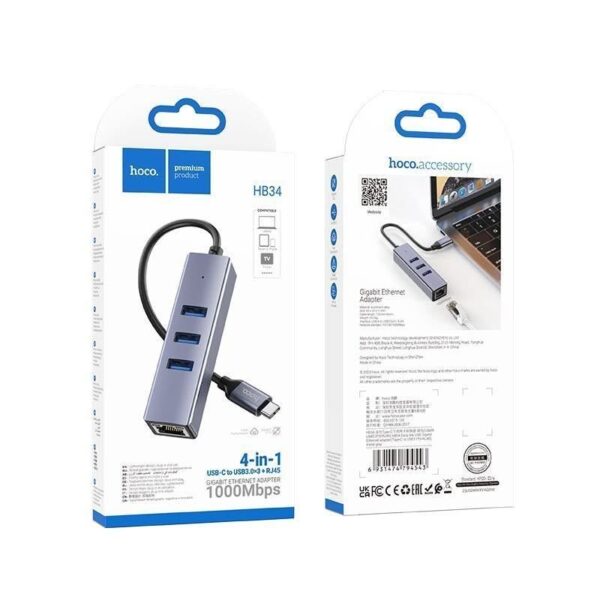 Adaptateur / Hub Hoco HB34 Type-C vers 4 (USB 3.0*3+RJ45) métal