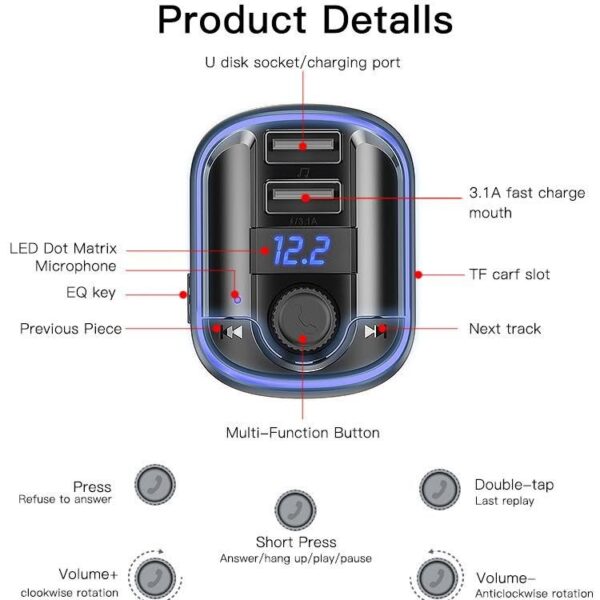 Modulateur / Lecteur MP3 Y44 Bluetooth Allume cigare 2*USB avec Led