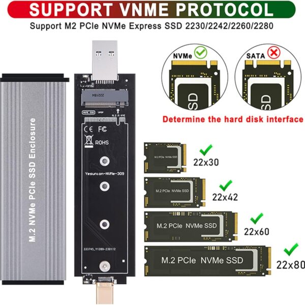 Rack/Boîtier SSD M2 et NVME et NGFF vers USB3.1 Gen2 et USBC en aluminium