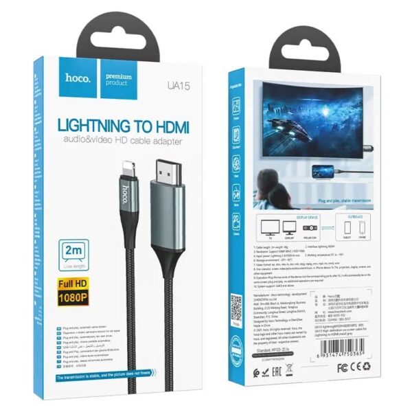 Câble UA15 Lightning vers HDMI 1080p, plug and play, 2m