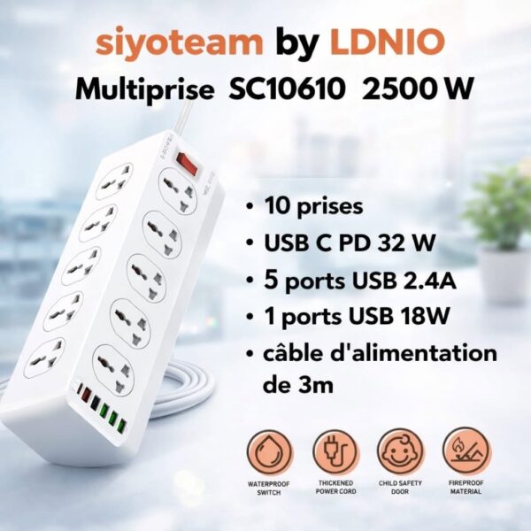 multiprise SC10610 3M LDNIO Avec 10 Prises Secteur et Ses 5 Ports USB et 1 Type C