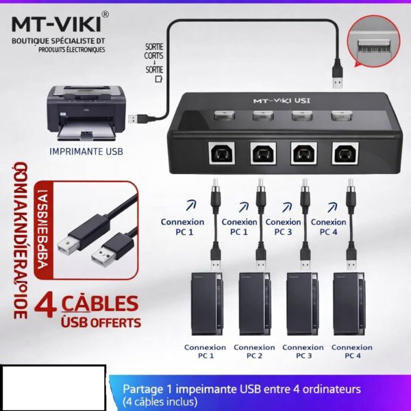 Commutateur de partage automatique d'imprimante USB2.0 4ports avec 4 câbles d'imprimantes