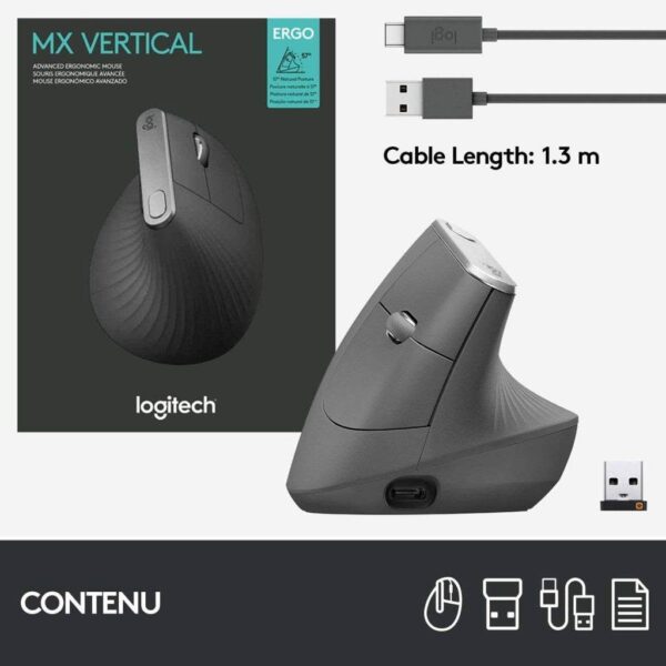 Souris Original Logitech MX Vertical 57° Connectivité Triple (Bluetooth, récepteur (USB),câble USB-C)