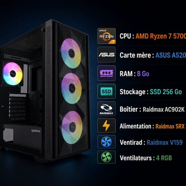 UNITE GAMING RYZ7 5700GT A520M 8GB 256GB VENTILO RAIDMAX AC902K PSU SRX550WAT BRAIDMAX V159 4FAN