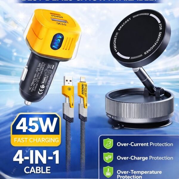 Support magnétique ph52 à ventouse 360°+Chargeur de voiture double port 45W LED et câble 4en1