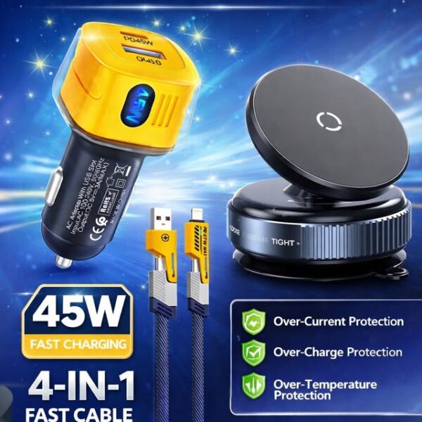 offre Support Téléphone Magnetique p51+Chargeur de voiture double port 45W LED et câble 4en1
