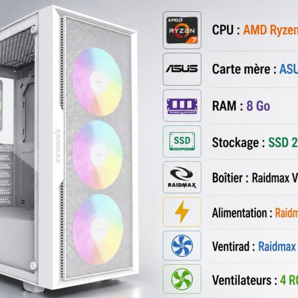 unité GAMING RYZ7 5700GT A520M 8GB 256GB VENTILO RAIDMAX AC1204K PW SRX550WAT BRAIDMAX V217 4FAN