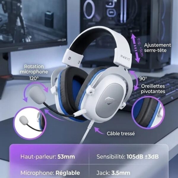 Casque de jeu HAVIT H2002d, haut-parleurs de 53 mm, pour PC, PS4, XBOX ONE