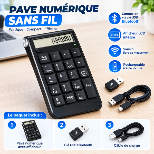 Pavé Numérique Bluetooth, Rechargeable à 19 Touches avec afficheur