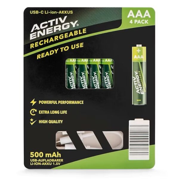 kit 4 piles AAA 400mAh rechargeables USBC Li-ion ACTIV ENERGY