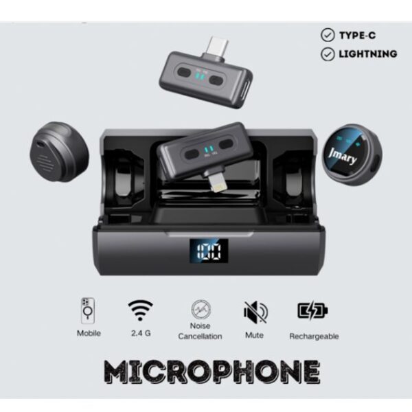 Microphone sans fil Jmary MW19 avec étui et 8 heures d'autonomie, Lightning et Type-C