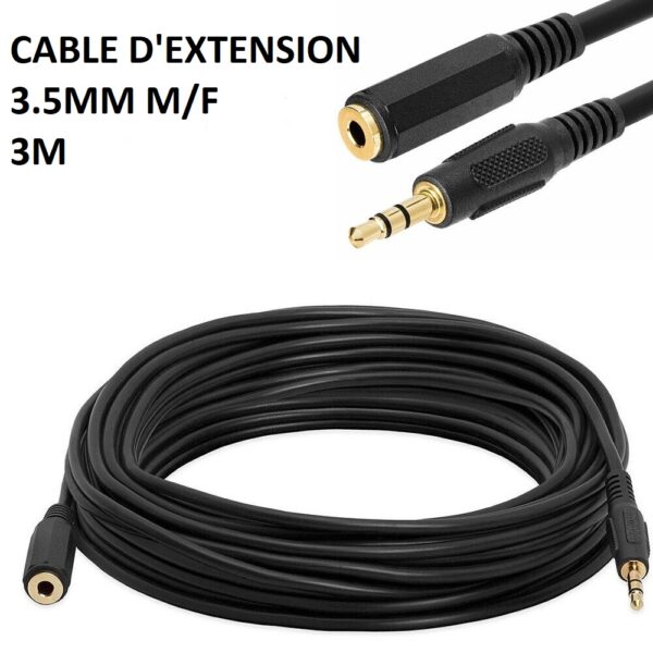 câble d'extension (rallonge) Jack 3.5 mm mâle/femelle de 3 mètres