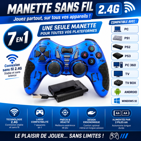 manette sans fil 7en1 pour PC (Windows/PC360), PS1, PS2, PS3, Android / Smart TV, TV Box,