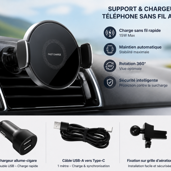 support de téléphone/chargeur sans fil avec un chargeur allume-cigare double USB et un câble USB-A vers USB-C