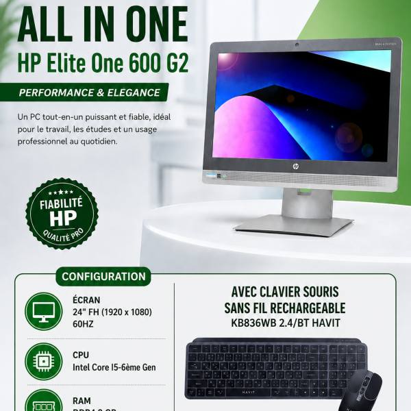HP Elite One 600 G2 24" FH I5-6eme Gen 8GB SSD 256GB AVEC CLAVIER SOURIS SANS FIL RECHARGEABLE KB836WB 2.4/BT HAVIT