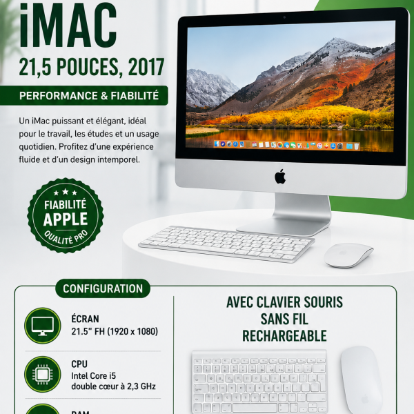 iMac (21,5 pouces, 2017) FH (1920 x 1080) i5 double cœur à 2,3GHz DDR4 8GB SSD 1Tera