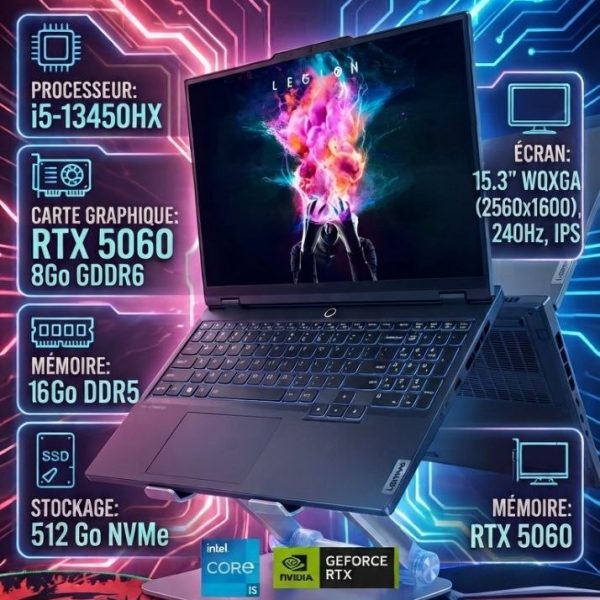 LENOVO LEGION Y7000 IRX10/15.6" FH 1920X1200 165HZ/I5 13450HX/16GB/SSD 512 NVME/RTX 5060 8GB/avec CHARGEUR ORGINAL