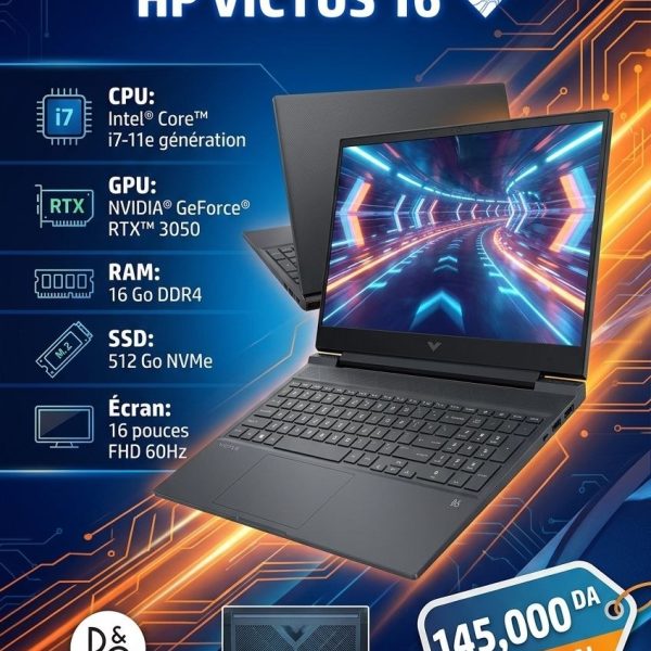HP VICTUS 16/15.6" FH  1920x1080 60Hz/I7 11800H/16gb/SSD 512gb NVMe/RTX 3050 4GB/avec CHARGEUR ORGINAL