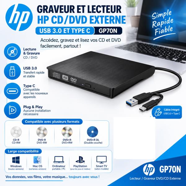 GRAVEUR ET LECTEUR HP CD/DVD EXTERNE USB3.0 ET TYPE C GP70N