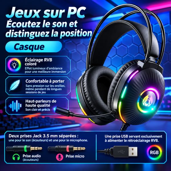 Casque Gaming RGB H83 avec double fiche Jack 3.5 mm pour l'audio et le micro et USB pour RGB
