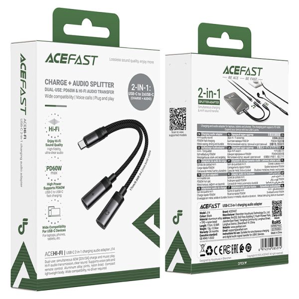 Adaptateur USB-C male vers 2 USB-C femelle(charge 60w+écouteur) J14 en aluminium ACEFAST