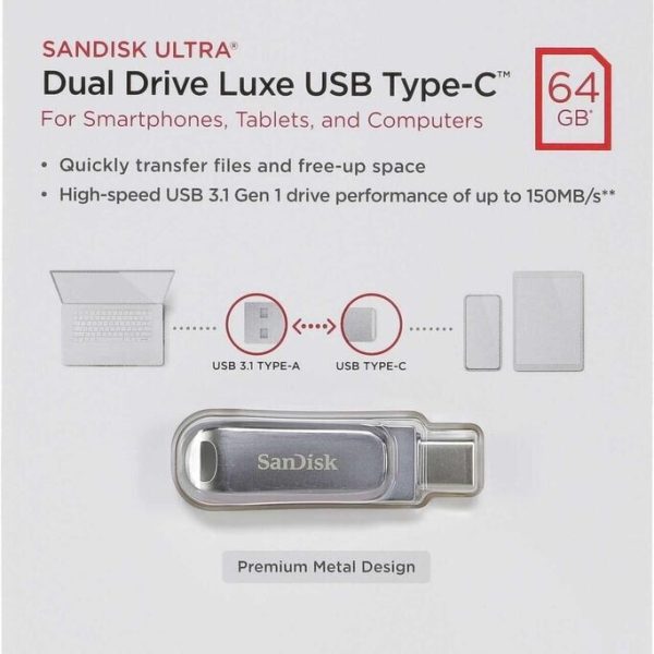 flash disque SanDisk Ultra Dual Drive Luxe USB-A 3.1 et Type-C 64Go MÉTAL